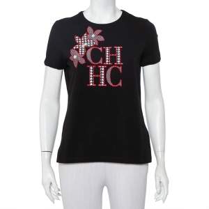 Pre Owned CH Carolina Herrera Black Logo Embroidered Cotton Pearl Detail Crewneck T-Shirt M