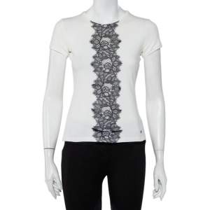 Pre Owned CH Carolina Herrera White Cotton Lace Trim Detail T-Shirt XS