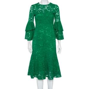 Pre Owned CH Carolina Herrera Green Lace Bell Sleeve Detail Midi Dress S