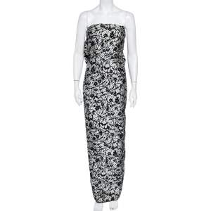 Pre Owned CH Carolina Herrera Monochrome Floral Jacquard Bow Detail Strapless Gown L