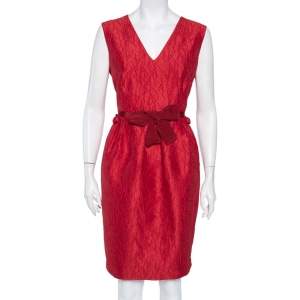 Pre Owned CH Carolina Herrera Red Floral Embossed Jacquard Sleeveless Dress L