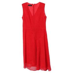 CH Carolina Herrera Red Lace Flared V-Neck Dress M