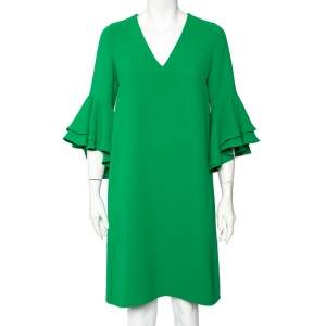 Pre Owned CH Carolina Herrera Green Crepe Ruffled Sleeve Shift Dress S