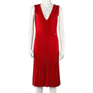 Pre Owned CH Carolina Herrera Red Rib Knit Flared Dress M