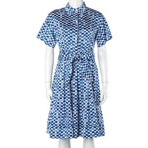 CH Carolina Herrera Blue Logo Grid Print Cotton Belted Dress S
