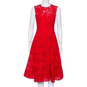 Pre Owned CH Carolina Herrera Red Lace Sleeveless Flared Midi Dress S
