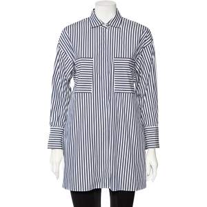 Pre Owned CH Carolina Herrera White & Navy Blue Cotton Striped Paneled Oversized Shirt XS