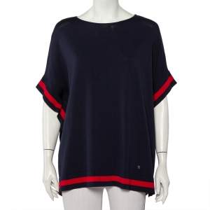 Pre Owned CH Carolina Herrera Navy Blue Rib Knit Contrast Striped Kaftan Top S