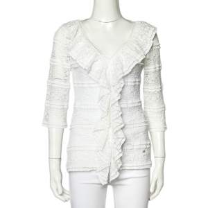 Pre Owned CH Carolina Herrera White Lace Ruffled V Neck Top S