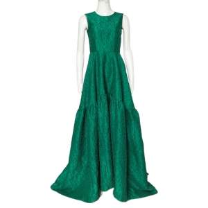 Pre Owned CH Carolina Herrera Green Floral Jacquard Trail Detail Flared Gown S