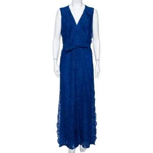 CH Carolina Herrera  Blue Lace Ruffled Belted Sleeveless Maxi Dress M