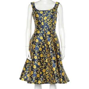 Pre Owned CH Carolina Herrera Blue & Yellow Floral Jacquard Sleeveless Flared Dress M