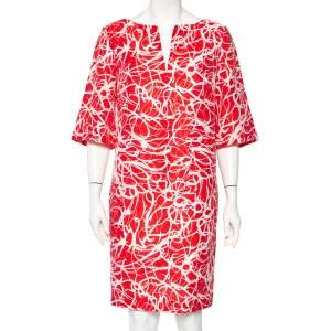Pre Owned CH Carolina Herrera Red & White Printed Textured Linen Mini Dress L