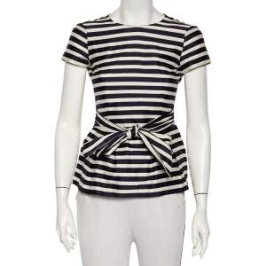 Pre Owned CH Carolina Herrera Blue & White Striped Cotton Waist Tie Detail Peplum Top XS