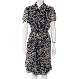 Pre Owned CH Carolina Herrera Blue Silk Ruffled Detail Leopard Print Belted Dress L