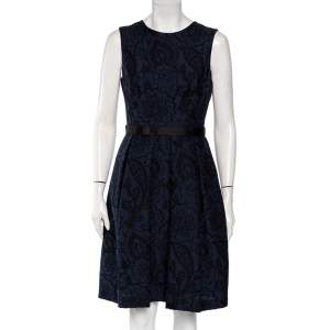 Pre Owned CH Carolina Herrera Navy Blue Brocade Pleated Detail Mini Dress M