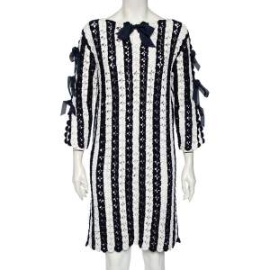 Pre Owned CH Carolina Herrera Navy Blue Striped Crochet Knit Tie Detail Mini Dress L