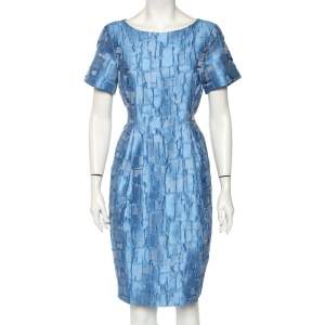 Pre Owned CH Carolina Herrera Blue Textured Silk Flared Mini Dress L