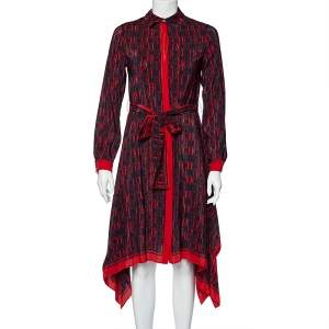 Pre Owned CH Carolina Herrera Navy Blue Logo Print Crepe Belted Dress XS