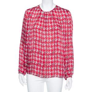 Pre Owned CH Carolina Herrera Red Printed Silk Smocked Cuff Detail Blouse L 