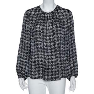 Pre Owned CH Carolina Herrera Monochrome Geometric Print Silk Blouse L