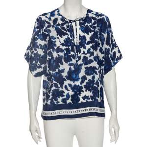 Pre Owned CH Carolina Herrera Blue Floral Print Silk Short Sleeve Blouse S