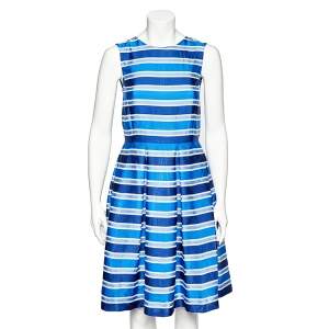 CH Carolina Herrera Blue Striped Silk Sleeveless Pleated Dress M
