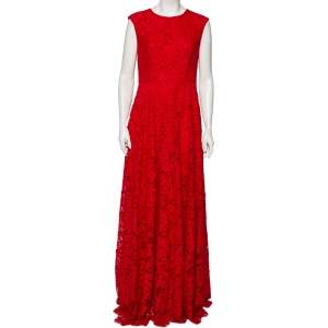 Pre Owned CH Carolina Herrera Red Floral Lace Sleeveless Maxi Dress M