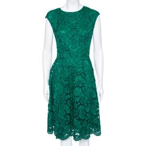 Pre Owned CH Carolina Herrera Green Lace Paneled Sleeveless Sheath Dress L
