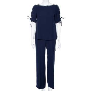 CH Carolina Herrera Navy Blue Crepe Tie-Up Detailed Suit Set M