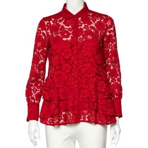 Pre Owned CH Carolina Herrera Red Lace Ruffle Hem Button Front Shirt S