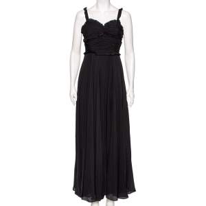 Pre Owned CH Carolina Herrera Black Silk Ruffle Yoke Detail Sleeveless Maxi Dress M