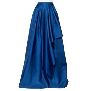 Pre Owned CH Carolina Herrera Royal Blue Taffeta Pleated Front Detail Asymmetric Hem Maxi Skirt M
