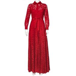Pre Owned CH Carolina Herrera Red Floral Lace Buttoned Maxi Shirt Dress S