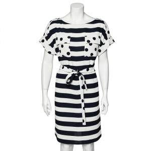 Pre Owned CH Carolina Herrera Navy Blue & White Stripe & Polka Dot Printed Textured Belted Dress S