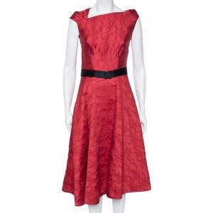 Pre Owned CH Carolina Herrera Red Floral Embossed Jacquard Sleeveless Belted Dress S