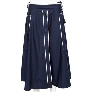 CH Carolina Herrera Navy Blue Cotton Contrast Detail Belted Midi Skirt M
