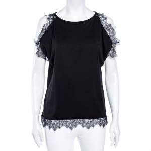 Pre Owned CH Carolina Herrera Black Cotton & Lace Trimmed Top L 
