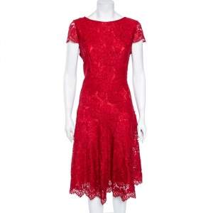 Pre Owned CH Carolina Herrera Red Lace Paneled Sleeveless Sheath Dress L