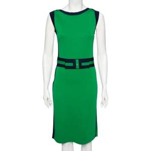 Pre Owned CH Carolina Herrera Green Knit Contrast Stripe Bow Detail Midi Dress S
