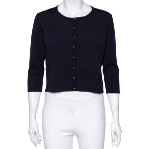 Pre Owned CH Carolina Herrera Navy Blue Knit Button Front Cardigan L