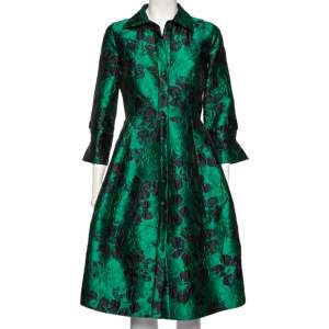 Pre Owned CH Carolina Herrera Green Floral Brocade Flared Shirt Dress M