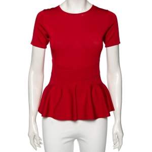 Pre Owned CH Carolina Herrera Red Knit Short Sleeve Peplum Top XS