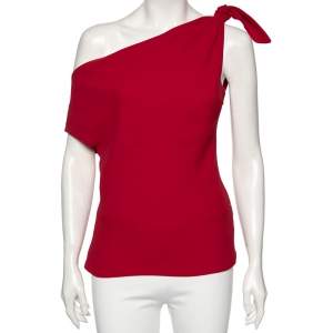 Pre Owned CH Carolina Herrera Red Crepe Knotted Sleeve Detail Top L