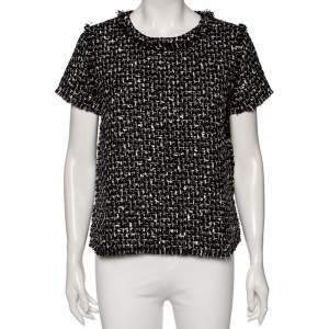 Pre Owned CH Carolina Herrera Monochrome Tweed Frayed Edged Top M