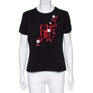 Pre Owned CH Carolina Herrera Black Logo Embroidered Cotton Floral Appliqued T-Shirt L