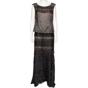 CH Carolina Herrera Black Silk Lace Trimmed Top & Layered Maxi Skirt L