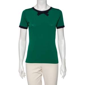 Pre Owned CH Carolina Herrera Green Knit Contrast Bow Detail Short Sleeve Top S