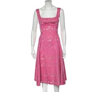 Pre Owned CH Carolina Herrera Pink Floral Jacquard Sleeveless Flared Dress M