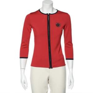 Pre Owned CH Carolina Herrera Red Knit Zip Front Jacket S
